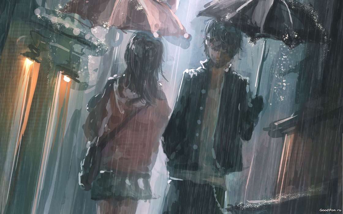 Anime, Girls, Rain, Men