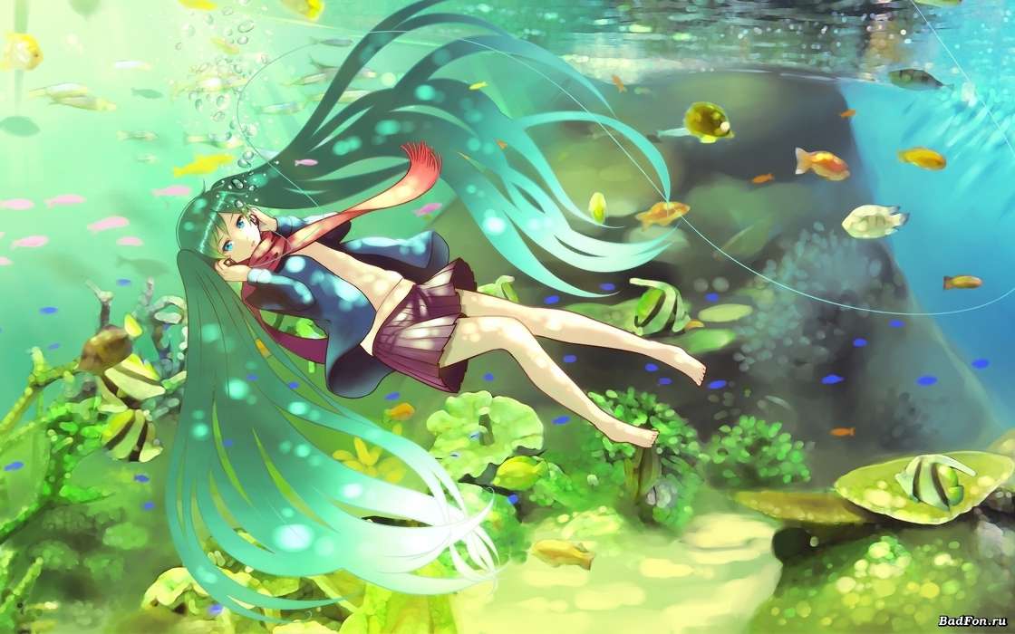 Anime, Girls, Miku Hatsune, Sea, Vocaloids, Fishes