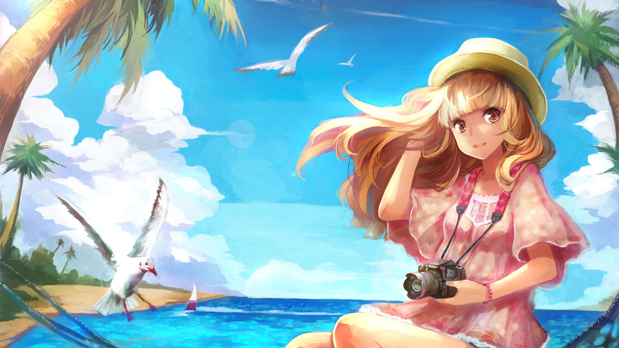 Anime, Girls, Sea, Beach, Pictures