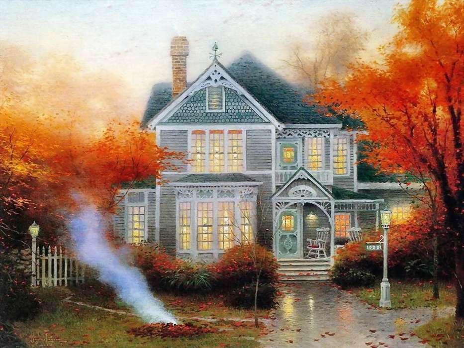 Landscape, Houses, Trees, Art, Autumn