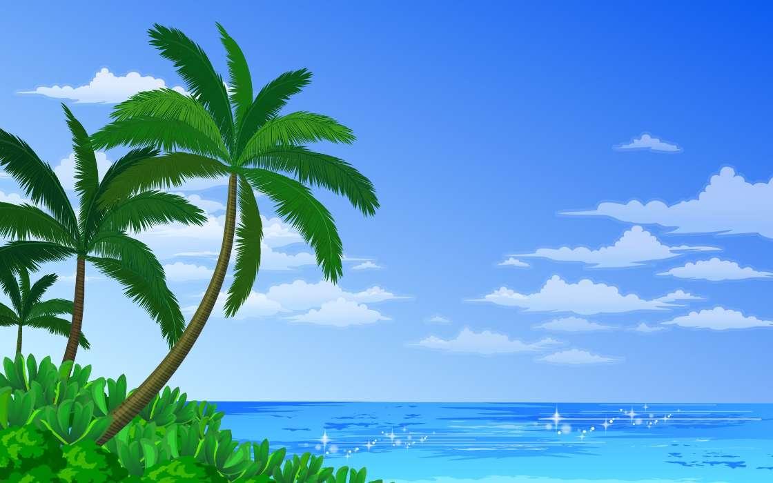Landscape, Water, Sky, Sea, Palms, Drawings