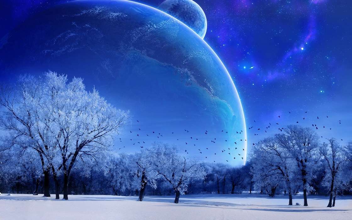 Landscape, Winter, Sky, Art, Planets