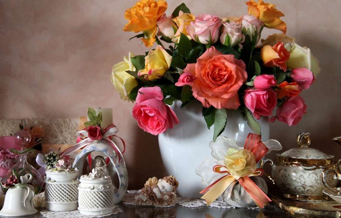 Bouquets, Flowers, Still life, Tablewares, Plants