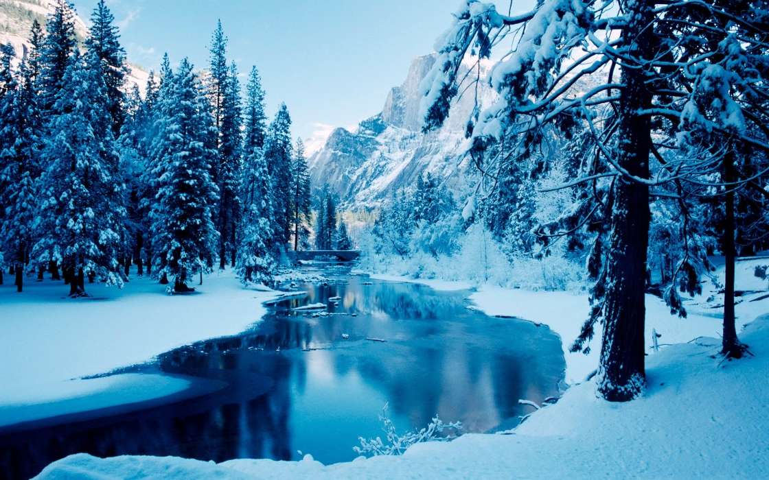 Trees, Mountains, Landscape, Rivers, Snow, Winter