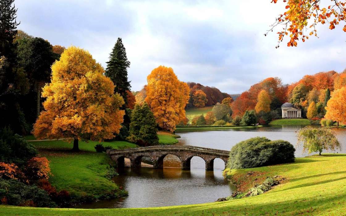 Trees, Bridges, Autumn, Landscape, Rivers