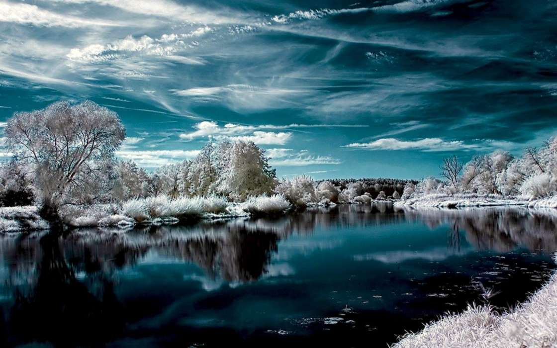 Trees, Clouds, Landscape, Rivers, Snow