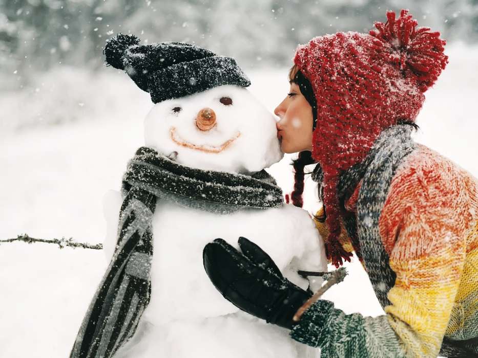 Girls, People, Snowman, Snow, Winter