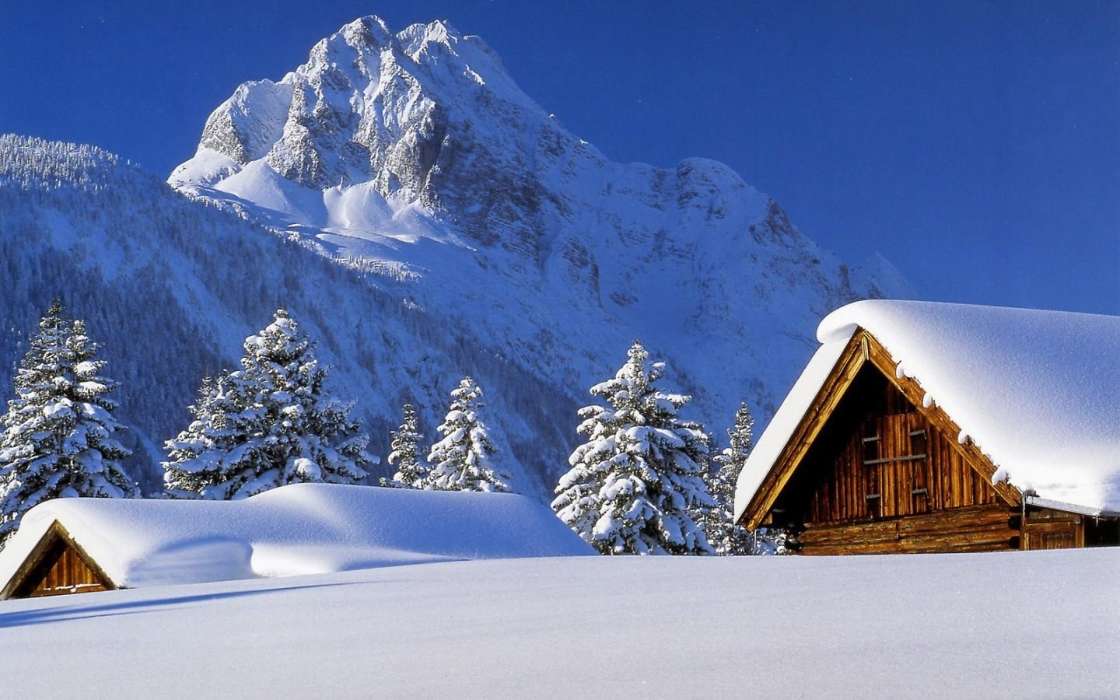 Landscape, Winter, Houses, Mountains, Snow, Fir-trees