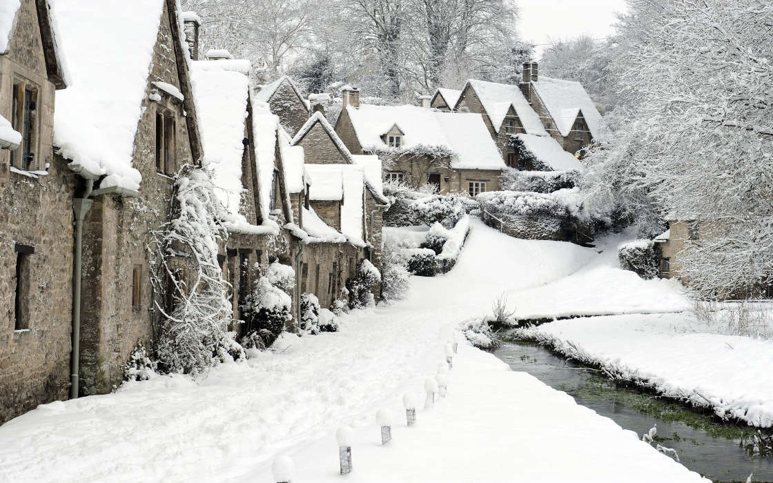 Houses, Nature, Rivers, Snow, Winter