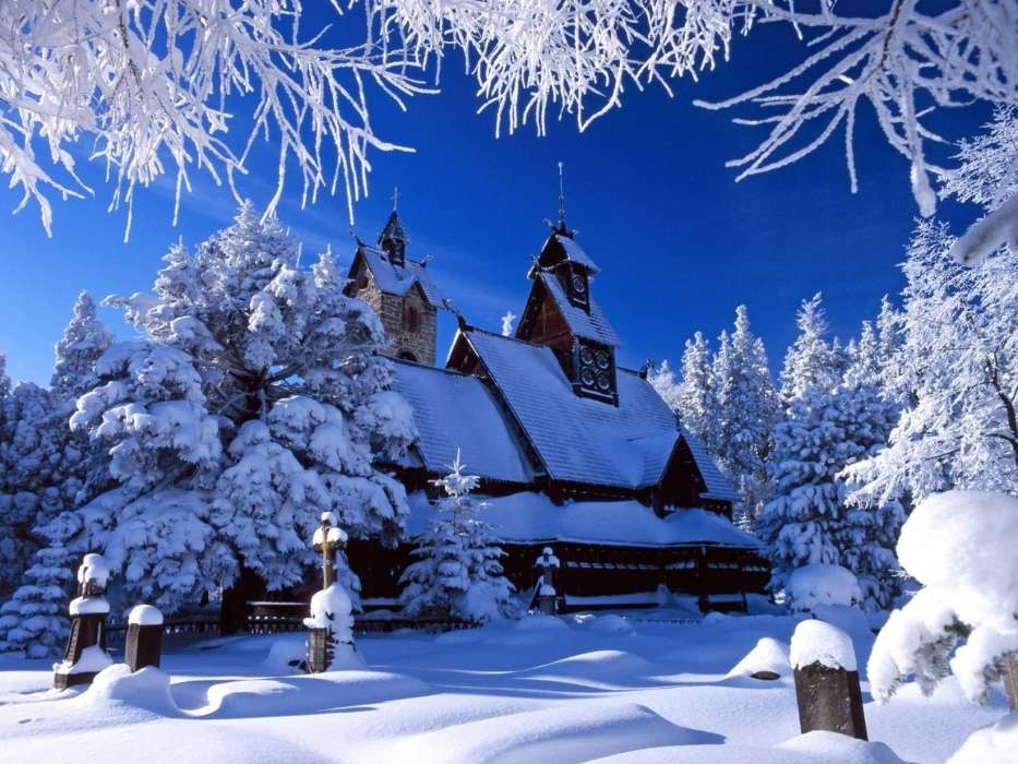 Houses, Landscape, Snow, Winter