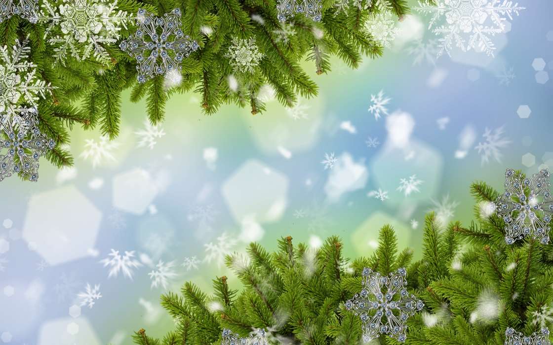 Fir-trees, New Year, Holidays, Snowflakes