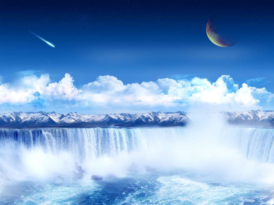 Fantasy, Mountains, Moon, Clouds, Landscape, Waterfalls