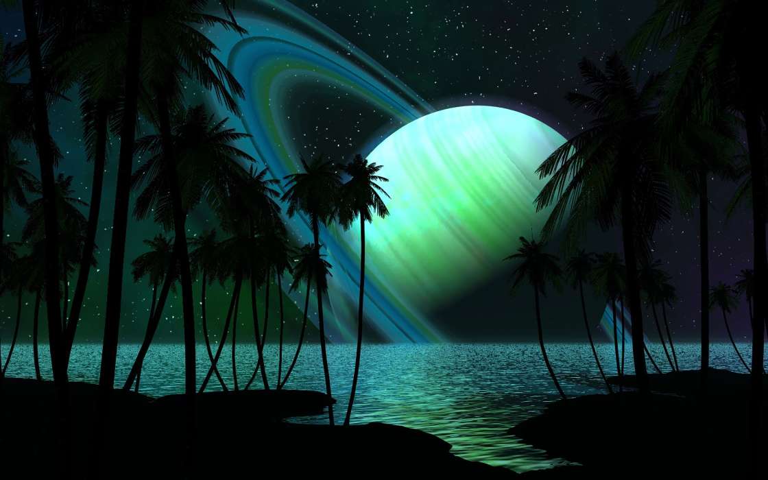 Fantasy, Sea, Sky, Night, Palms, Landscape, Planets