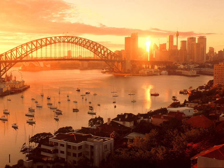 Cities, Boats, Bridges, Landscape, Sydney, Sunset