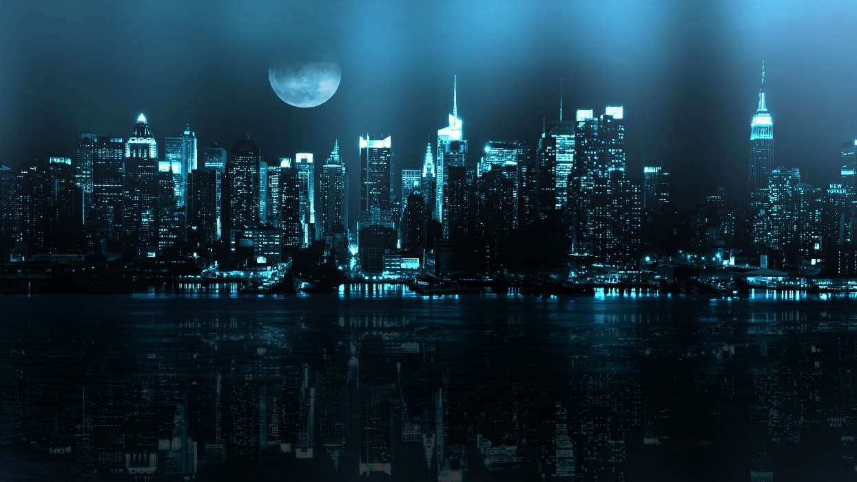 Cities, Moon, Night, Landscape
