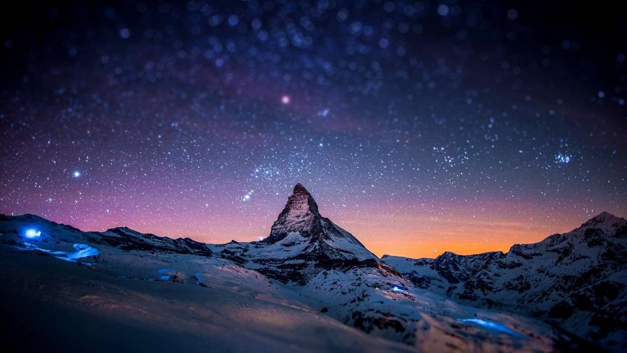 Mountains, Night, Landscape, Snow, Stars