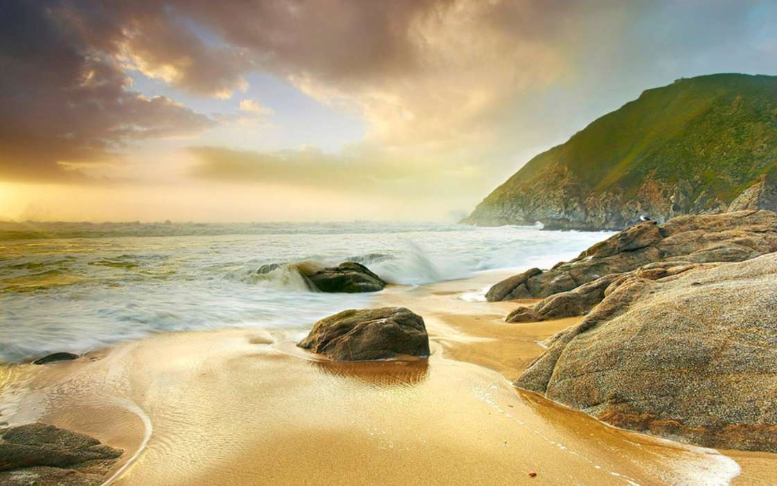 Stones, Sea, Landscape, Beach, Sunset