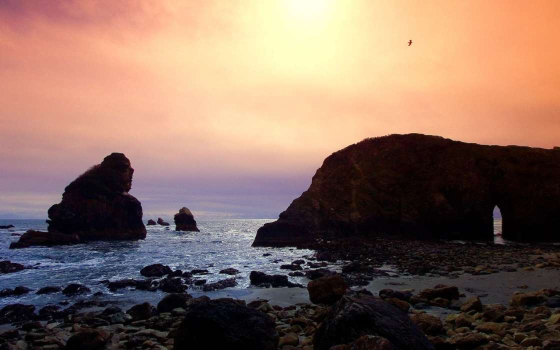 Stones, Sea, Landscape, Sunset