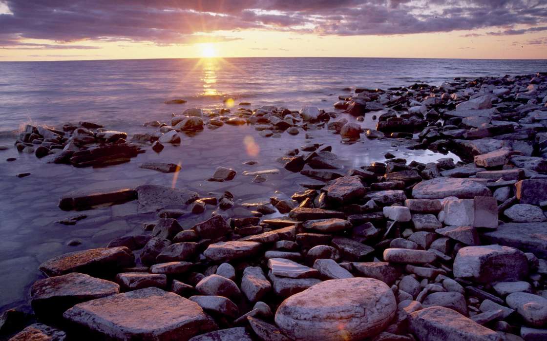 Landscape, Sunset, Stones, Sea