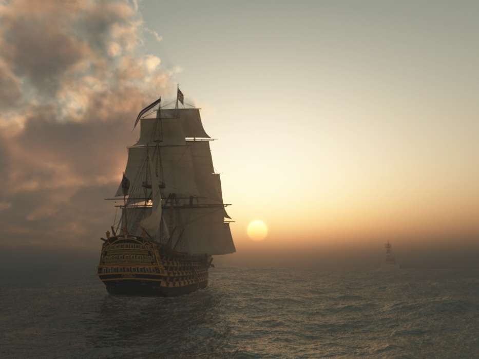 Ships, Sea, Landscape, Transport, Sunset