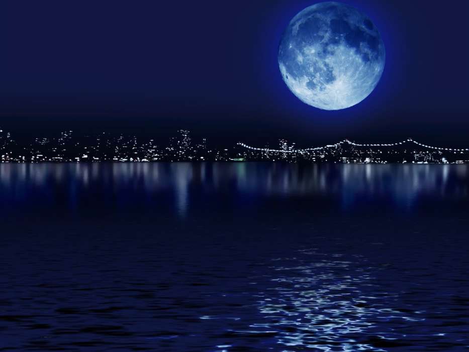 Moon, Sea, Night, Landscape
