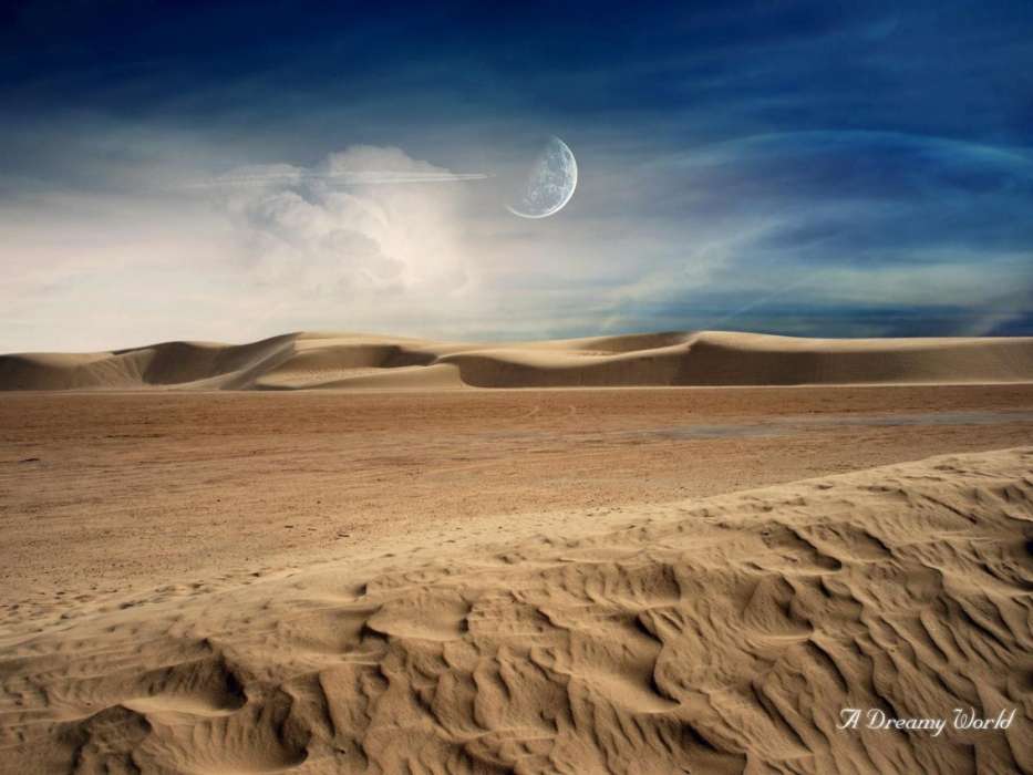 Moon, Clouds, Landscape, Sand, Desert