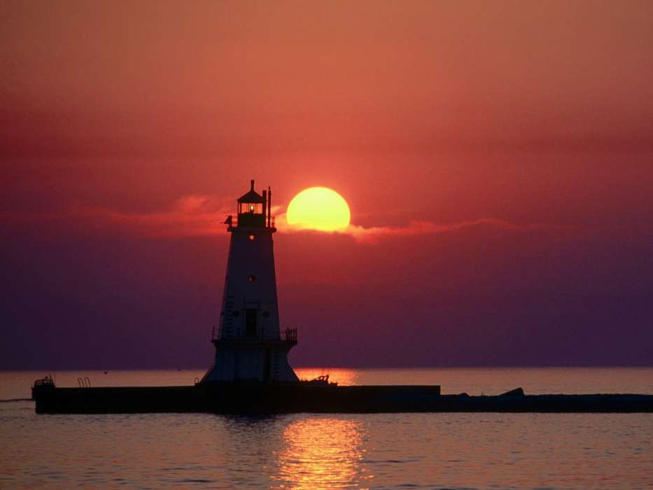 Lighthouses, Sea, Landscape, Sunset