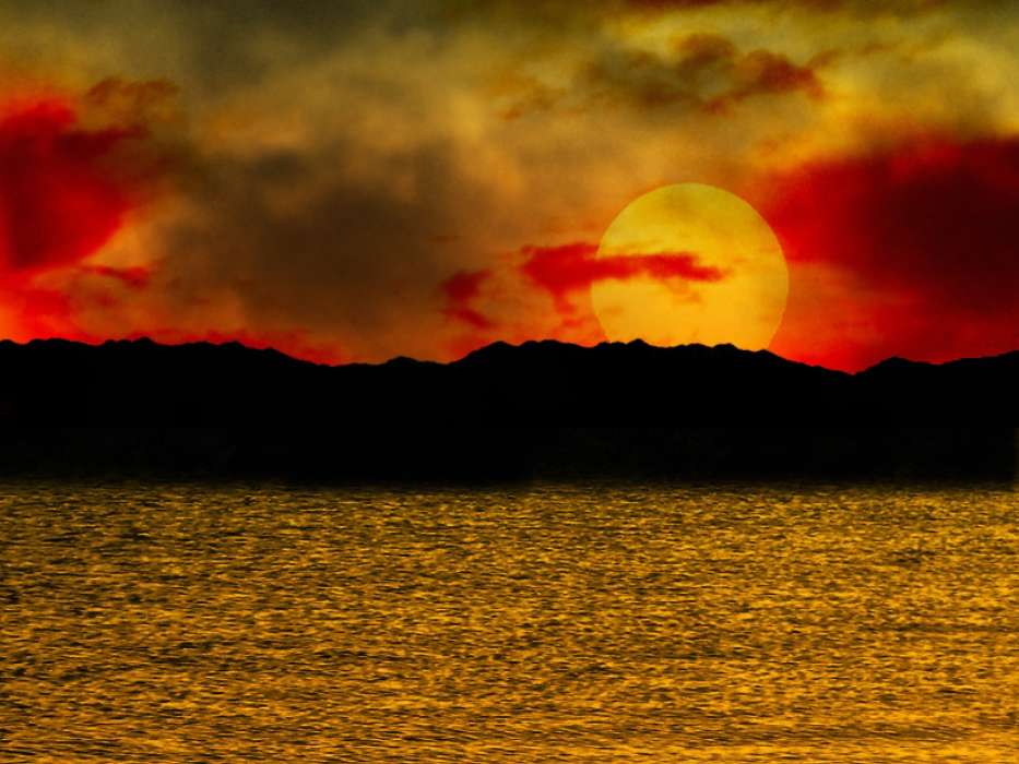 Landscape, Sunset, Sea, Sun