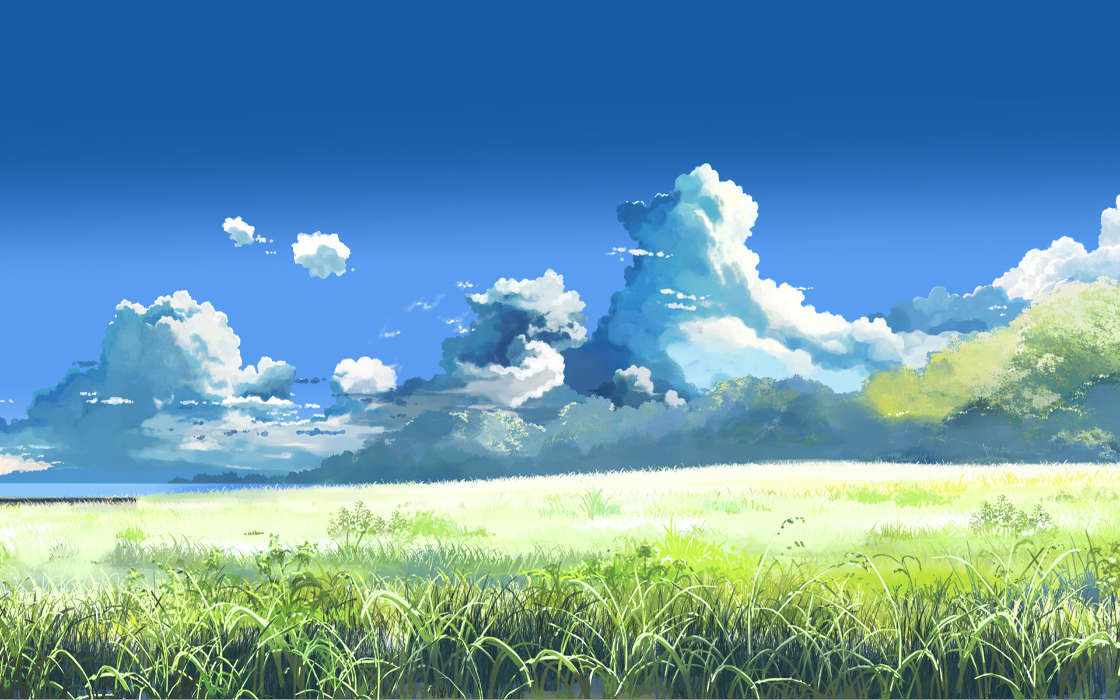 Landscape, Grass, Sky, Clouds, Drawings