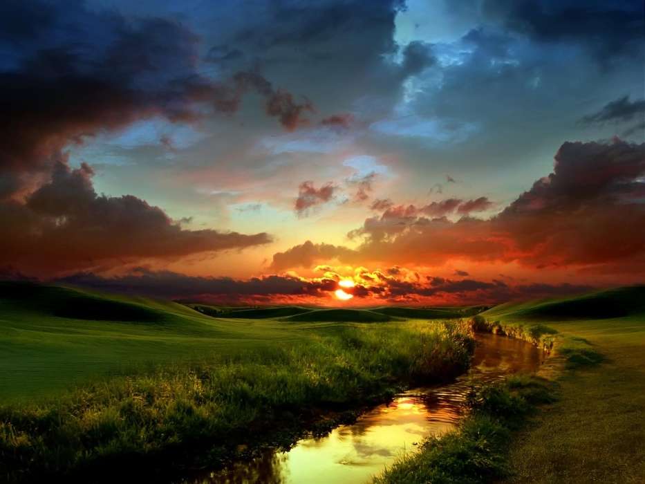 Landscape, Rivers, Sunset, Sky, Sun