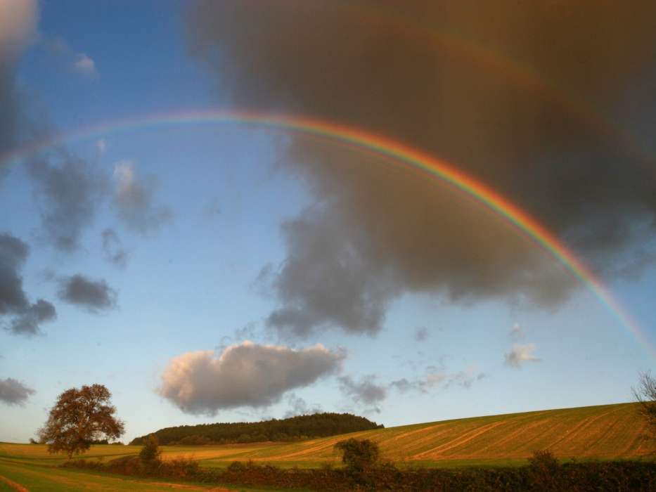 Clouds, Landscape, Fields, Rainbow
