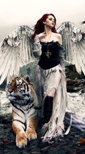 Scaricare immagine Angels, Girls, Fantasy, People, Tigers, Animals sul telefono gratis.