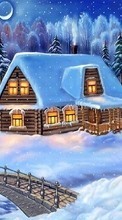 Scaricare immagine Landscape, Winter, Houses, Bridges, Night, Snow, Drawings sul telefono gratis.