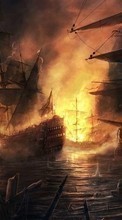 Scaricare immagine Water, Fantasy, Art, Ships, Sea, Fire sul telefono gratis.