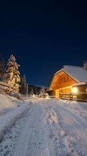 Scaricare immagine Trees, Houses, Night, Landscape, Snow, Winter sul telefono gratis.