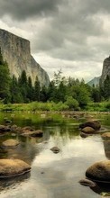 Scaricare immagine Trees, Mountains, Stones, Landscape, Rivers sul telefono gratis.