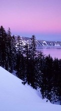 Scaricare immagine Trees, Mountains, Sea, Landscape, Snow, Winter sul telefono gratis.