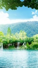 Scaricare immagine Trees, Mountains, Lakes, Landscape, Waterfalls sul telefono gratis.