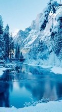 Scaricare immagine Trees, Mountains, Landscape, Rivers, Snow, Winter sul telefono gratis.
