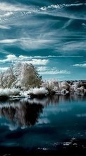 Scaricare immagine Trees, Clouds, Landscape, Rivers, Snow sul telefono gratis.