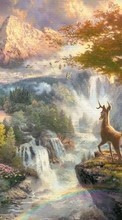 Scaricare immagine Trees, Deers, Landscape, Pictures, Waterfalls, Animals sul telefono gratis.