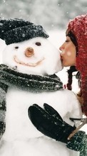 Scaricare immagine Girls, People, Snowman, Snow, Winter sul telefono gratis.