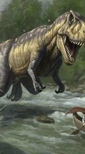 Scaricare immagine Dinosaurs, Fantasy, Boats, Rivers, Animals sul telefono gratis.