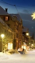 Scaricare immagine Houses, Roads, New Year, Landscape, Holidays, Christmas, Xmas, Snow, Winter sul telefono gratis.
