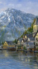 Scaricare immagine Landscape, Houses, Mountains, Drawings sul telefono gratis.