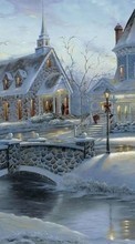 Scaricare immagine Houses, Snowman, New Year, Landscape, Holidays, Pictures, Christmas, Xmas, Snow sul telefono gratis.