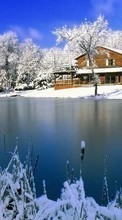Scaricare immagine Houses, Lakes, Landscape, Snow, Winter sul telefono gratis.