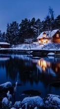 Scaricare immagine Houses, Lakes, Landscape, Snow, Winter sul telefono gratis.