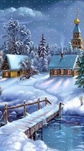 Scaricare immagine Houses, Landscape, Rivers, Pictures, Snow, Winter sul telefono gratis.