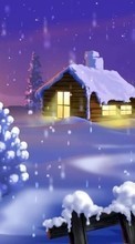 Scaricare immagine Landscape, Winter, Houses, Snow, Drawings sul telefono gratis.